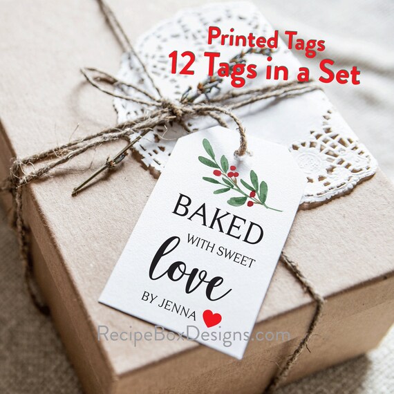 Baked with Sweet Love, Christmas Cookie Tag, Cookie Exchange, Cookie Swap, Holiday Party Cookies, Personalized Gift Tags, 12 Printed Tags