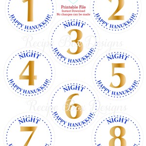 May include: A set of eight circular labels featuring gold numbers one through eight. Each label has a blue dotted border and the text NIGHT and HAPPY HANUKKAH! in blue. The center includes the text Recipe Box Designs, Printable File, Instant Download.