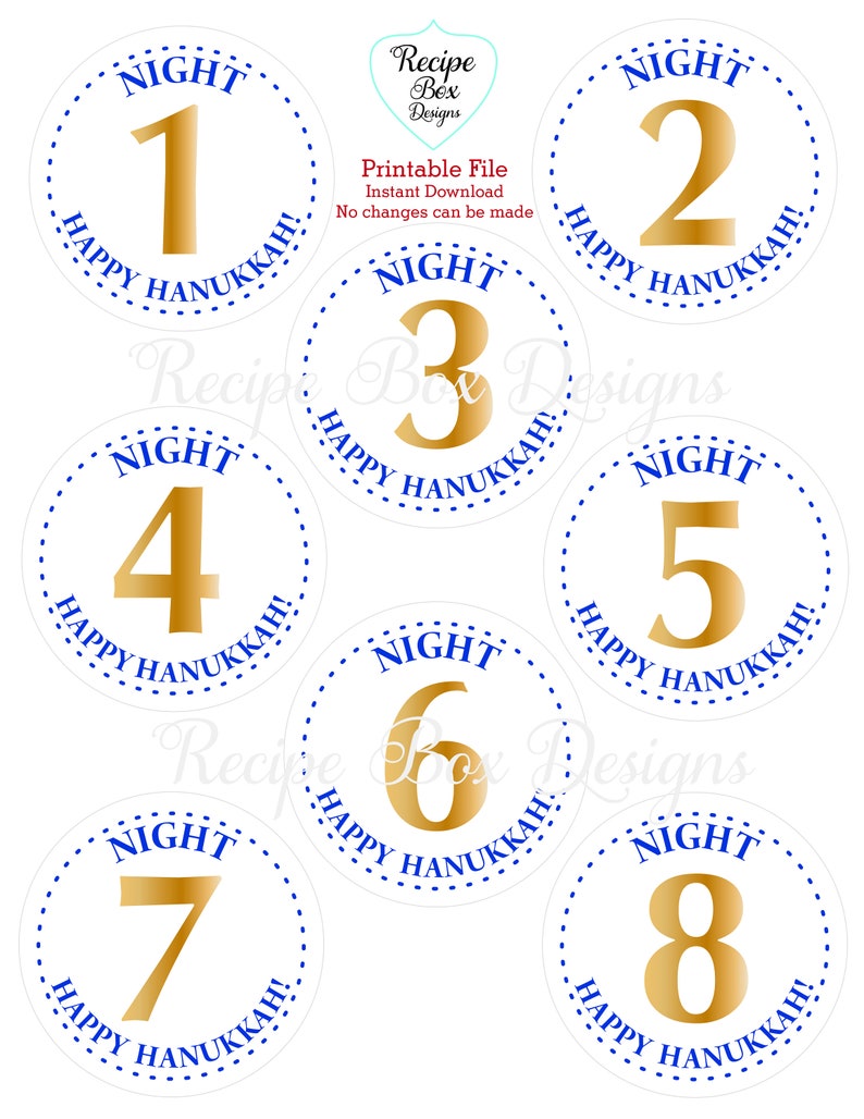 May include: A set of eight circular labels featuring gold numbers one through eight. Each label has a blue dotted border and the text NIGHT and HAPPY HANUKKAH! in blue. The center includes the text Recipe Box Designs, Printable File, Instant Download.