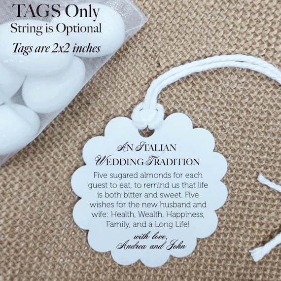 Italian Wedding Favor  Tags, Sugared Almond Wedding Favor Tags, Five Wishes Wedding Tag 2x2 Italian Wedding Favor Printed Scalloped Edge