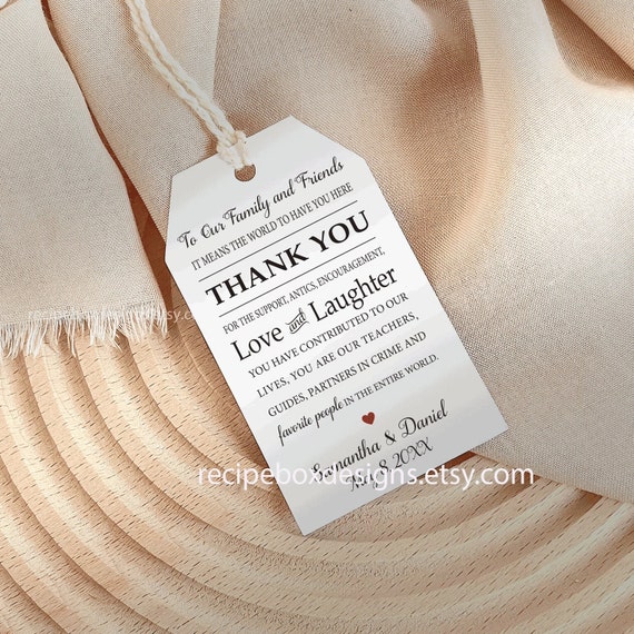 Printed Gift Tags Wedding Place Settings, Thank you gift favor tags, Reception Table Thank you favors, Thank You Note Wedding Favor Tags