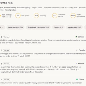 May include: Screenshot of Etsy item reviews, displaying a 5-star rating and positive feedback. Reviews highlight fast shipping, helpful service, and product quality. The item average is 5.0 based on 454 reviews, with 99% of buyers recommending the product.