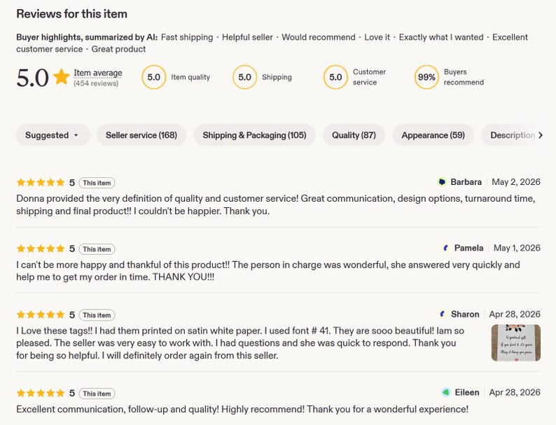 May include: Screenshot of Etsy item reviews, displaying a 5-star rating and positive feedback. Reviews highlight fast shipping, helpful service, and product quality. The item average is 5.0 based on 454 reviews, with 99% of buyers recommending the product.