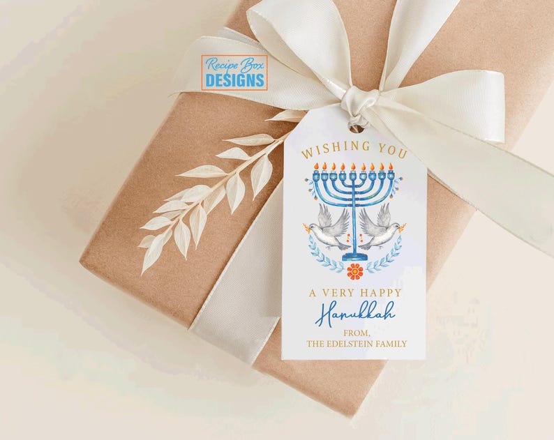 May include: A gift wrapped in brown paper, tied with a white ribbon, and a Hanukkah gift tag. The tag features a blue menorah, doves, and the text "Wishing You A Very Happy Hanukkah".