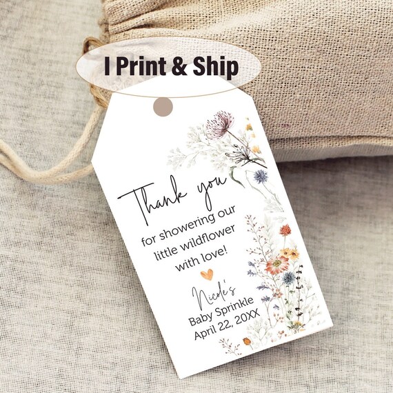 Printed Wildflower baby sprinkle shower favor tag, Wildflower thank you favor tag, Printable Modern Boho Minimalist, printed tags no pouches