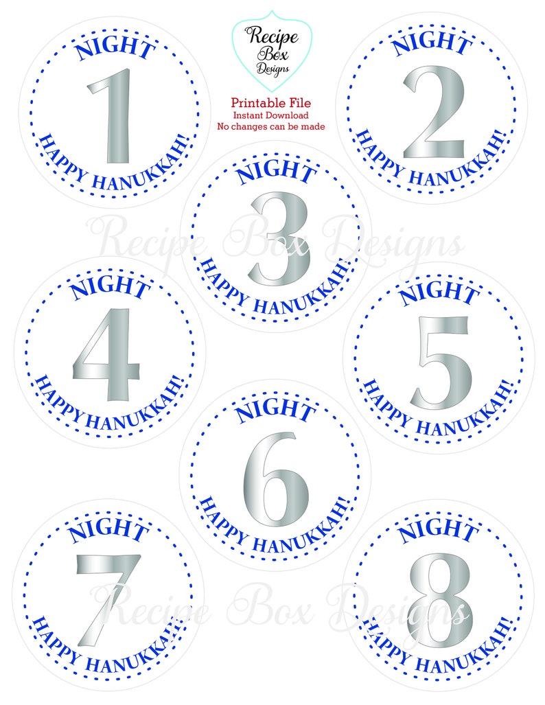 May include: Eight circular labels featuring large silver numbers from one to eight. Each label includes the blue text NIGHT and HAPPY HANUKKAH! arranged in a dotted blue circular border. The top center displays the text Recipe Box Designs.