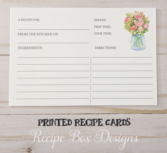 Printed Recipe Cards: 4x6 Flowers in a mason jar Recipe Cards, Housewarming Gift, Kitchen Shower