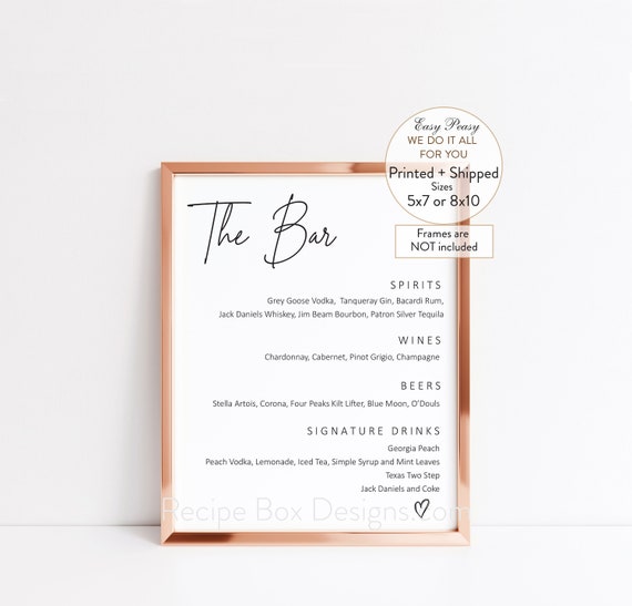 Bar Menu, Minimalist Wedding Sign Alcohol List, Cocktail Menu, Modern Wedding Bar Menu Sign, Printed Custom Bar Menu, No frame 8x10