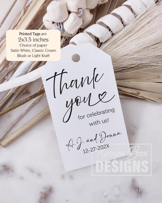 Custom Printed Wedding Favor Tags: Thank You favor tags that have a Heart, celebrating with us