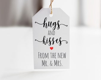 Printed Hugs and Kisses wedding favor tags, Printed or Printable Wedding Favor Tags, Wedding Favors, Hugs + Kisses from New Mr Mrs Tags