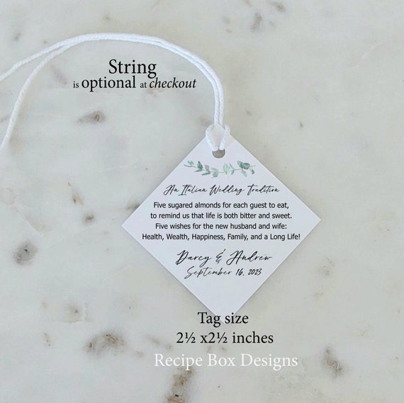 Italian Wedding Favor Tags, Sugared Almond Wedding Favor Tags, Five Wishes Wedding Tags, Printed Tags, physical item