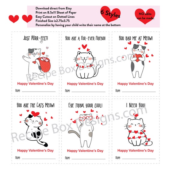 Printable Cat Valentine's Day Cards, Classroom Valentine's Day Favor Cards for Kids, Valentine's Day Favor Gift Tags, Instant Download, PDF