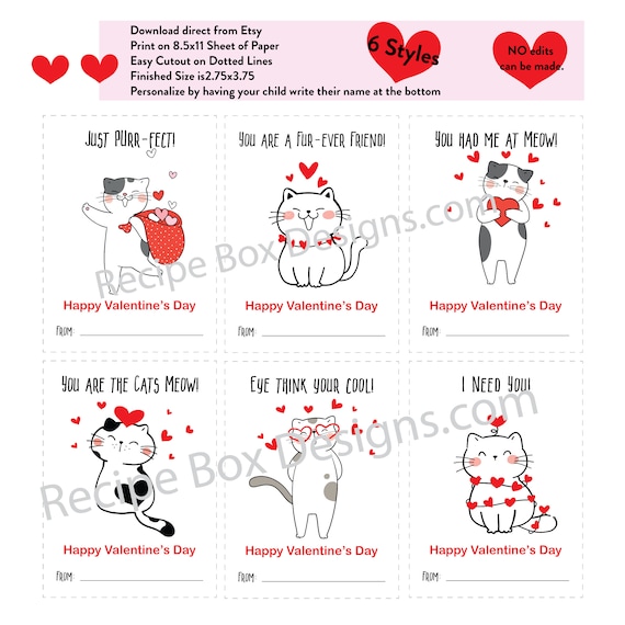 Printable Cat Valentine's Day Cards, Classroom Valentine's Day Favor Cards for Kids, Valentine's Day Favor Gift Tags, Instant Download, PDF