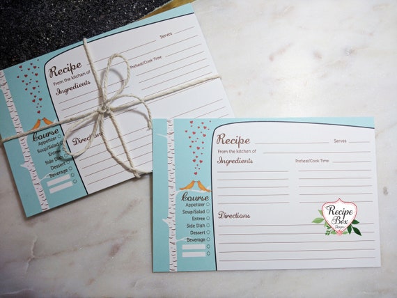 Bird Recipe Cards, Recipe Cards for Bridal Shower, Love birds, Breakfast at T, Recipe Card Style, 6x4 Recipe Cards