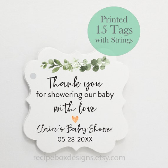 Sweet Sentiment Favor tags for baby shower, Thank you for showering our baby with love, Tags with White String