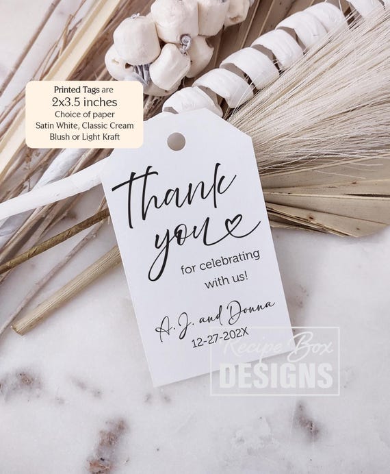 Printed Favor Tags; Thank you tags for Weddings, Bridal, Baby Showers and Birthday Celebrations, personalized with names, Thank you (heart)