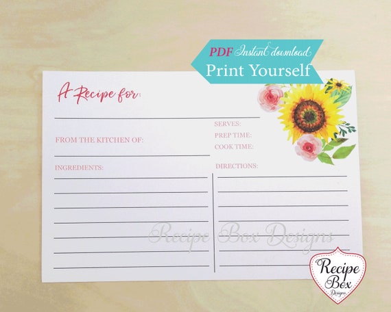 Recipe Card Printable, Recipe for Love, Sunflower Recipe Card Printable, Tuscan theme, Bridal Shower, 4x6 Recipe Cards Instant Download, DIY