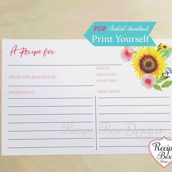 Recipe Card Printable, Recipe for Love, Sunflower Recipe Card Printable, Tuscan theme, Bridal Shower, 4x6 Recipe Cards Instant Download, DIY