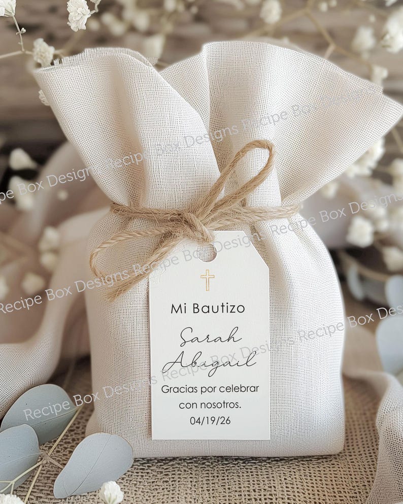 Printed Baptism Spanish Favor Tags: Bautizo, Christening, Thank You Gift Tag with Gold Cross - Printed image 7