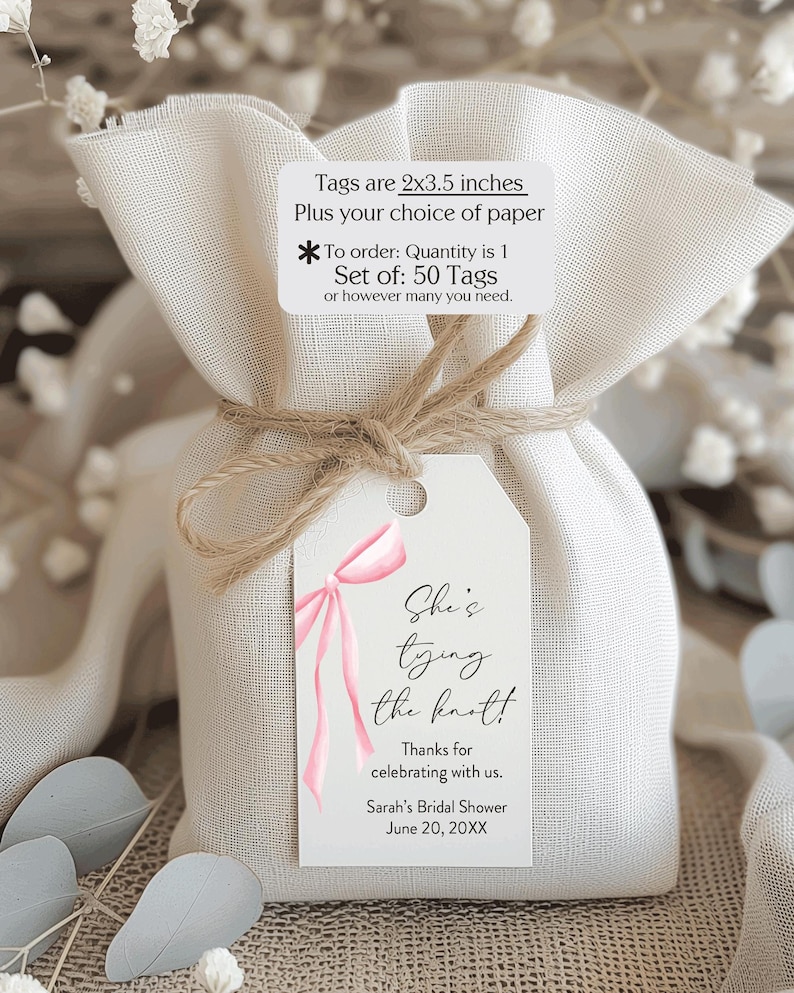 She's tying the knot! Favor tag with a pink bow printed on the left side.