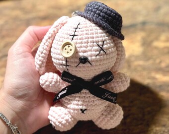 Halloween Bunny Plushies – Handmade Crochet Amigurumi | Gothic Soft Doll with Button Eye & Stitch Details
