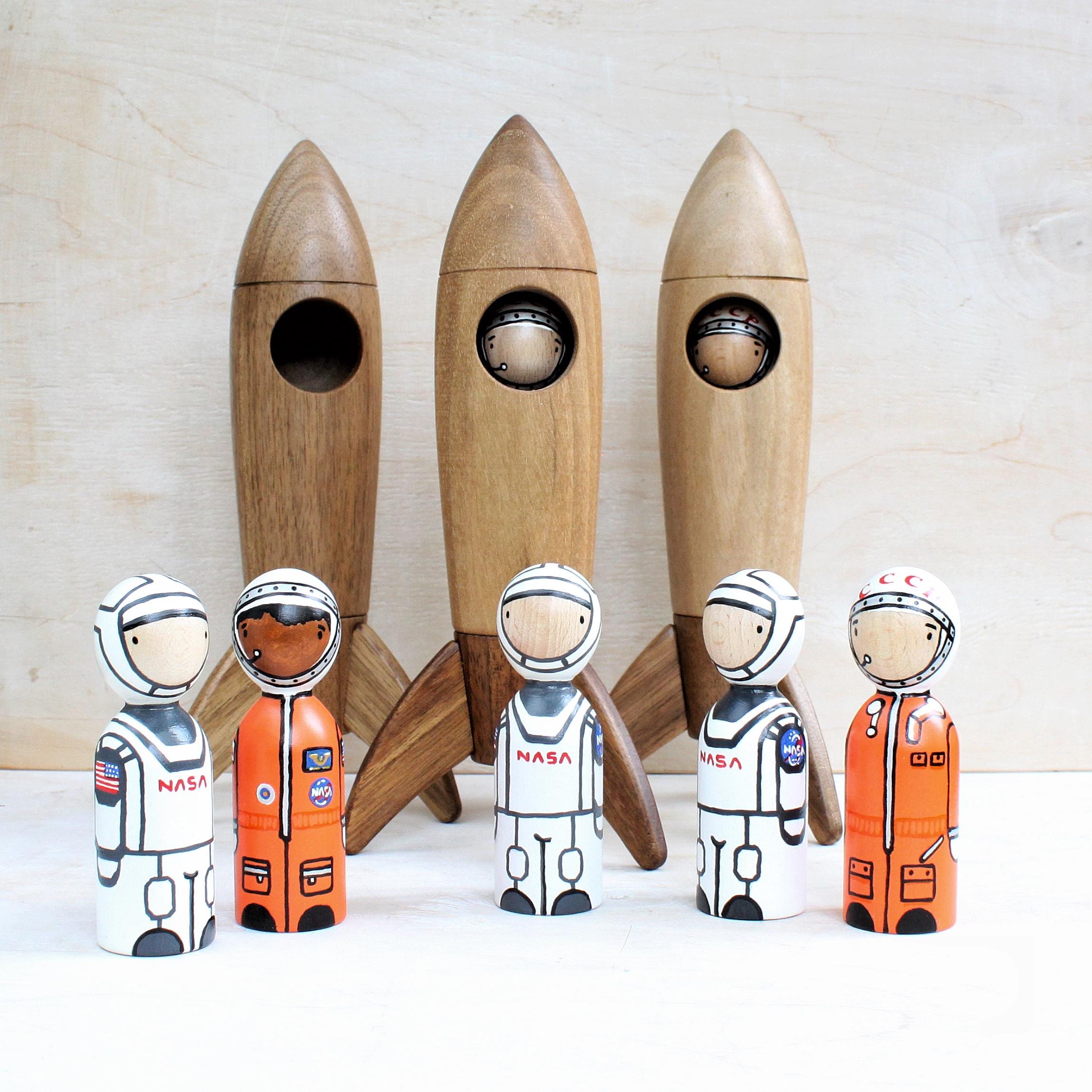 Wood Rocket Space Rocket Walnut Wood Rocket Ship Toy Astronaut Peg Doll ...