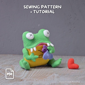 Patrón de costura de rana con bolsillo secreto en la boca y accesorio para moscas. Tutorial de peluche en PDF. Juguete ideal para principiantes.