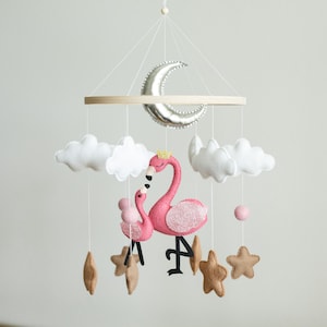Flamingo Baby Mobile – Safari Crib Mobile with Stars & Moon – Tropical Felt Nursery Mobile for Girls – Pink Baby Shower Gift – Custom Mobile