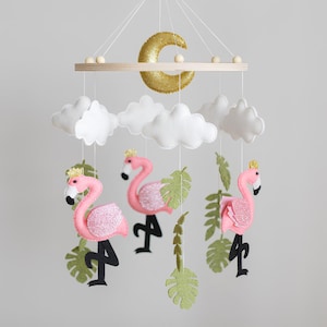 Flamingo Baby Mobile – Safari Crib Mobile with Clouds & Moon – Felt Tropical Nursery Mobile – Pink Baby Shower Gift – Jungle Animal Mobile