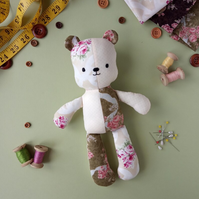 Handmade scrappy teddy bear sewn from a PDF pattern