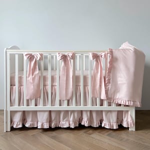 Light Blush Crib Skirt Ruffled Set for Baby Crib — Light Pink Peach Nursery Decor
