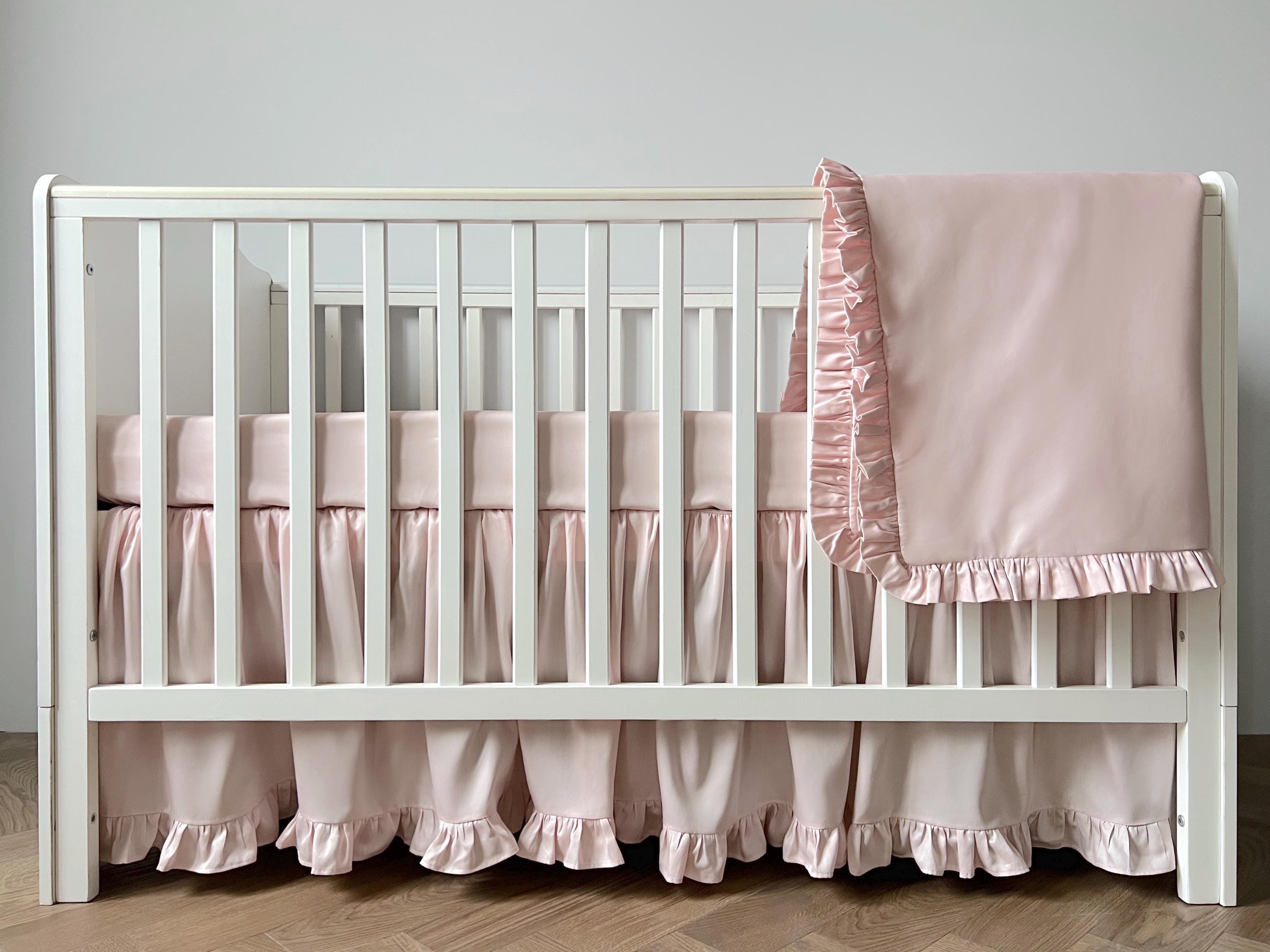 Elegant Pale Pink Nursery Collection: Ruffled Crib Skirt, Fitted Sheet
