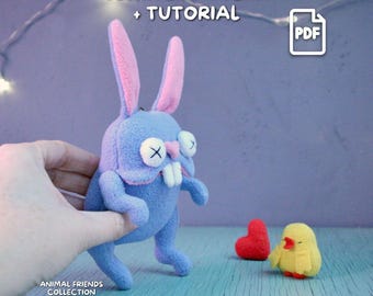 Patrón de costura de conejito de peluche con pollito, detalle de bolsillo (PDF). Tutorial de juguete para principiantes. Colección Animal Friends.