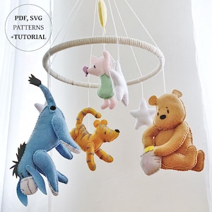 Bear PDF baby crib mobile patterns DIY nursery decor Book character mobile Piglet Tigger Eeyore felt mobile pattern