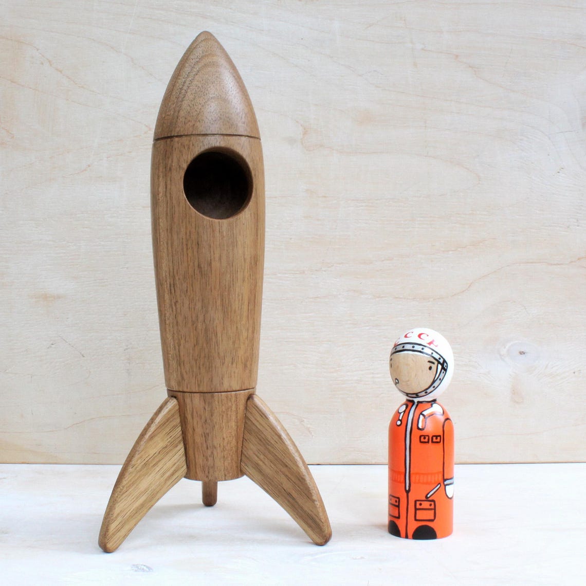Wood Rocket Space Rocket Walnut Wood Rocket Ship Toy Astronaut Peg Doll ...