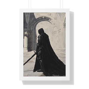 Framed Vertical Poster, Knight with Sword Wall Art, Medieval Decor, Fantasy Art Print, Sword Warrior Poster, Medieval Knight Painting