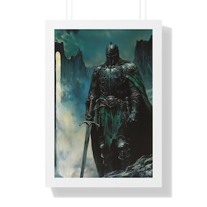 Medieval Knight Vertical Poster, Sword Warrior Art Print, Castle Decor, Gift for History Buff, Fantasy Wall Art, Game Room Decoration