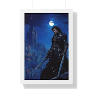 Vertical Poster, Knight with two swords design, Medieval Armor Wall Art, Castle Decor, Warrior Print Gift, Gothic Home Decor