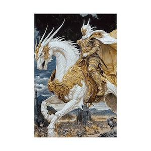 Vertical Poster, White Knight on Horse, Wall Art Print, Medieval Decor, Fantasy Artwork, Matte Poster Print