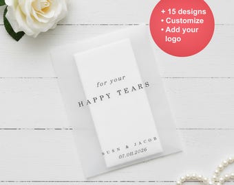May include: A white card with the text "for your HAPPY TEARS" and the names "SUSN & JACOB" with the date "07.011.2026" printed on it. The card is inside a translucent envelope. A white rose and a string of pearls are also in the image.
