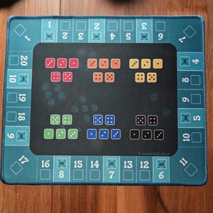 Può includere: Un tappetino da gioco blu e verde con sfondo nero. Il tappetino ha una griglia di numeri da 1 a 20 attorno al bordo. Ci sono anche tre set di dadi, uno rosso, uno verde e uno nero.
