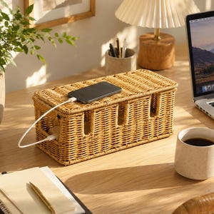 May include: A rectangular woven rattan cable management box with a lid, featuring multiple side cutouts for cords. A black smartphone rests on top, connected to a white charging cable that runs through one of the side openings of the box.