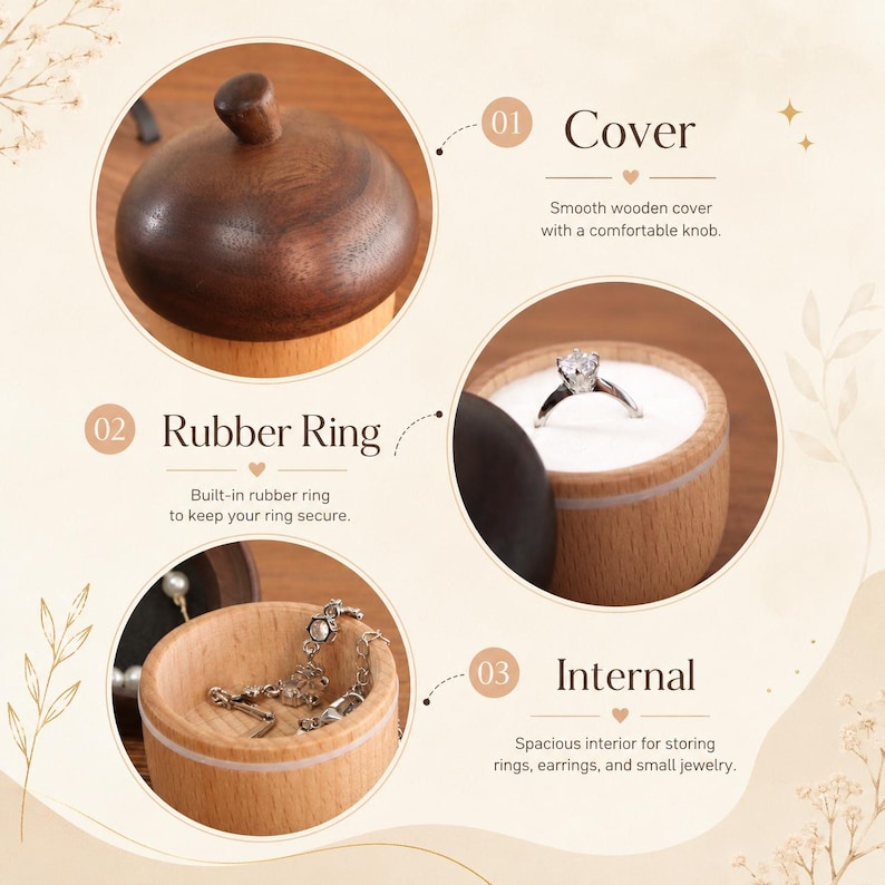 May include: A round wooden jewelry box featuring a smooth dark wood cover with a knob, a built-in rubber ring for securing jewelry, and a spacious interior. The box is shown with a silver ring and a delicate chain necklace inside.