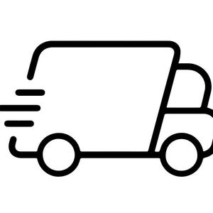 May include: A black and white illustration of a delivery truck. The truck features a boxy cargo area, two wheels, and a driver's cab. Speed lines suggest motion, indicating fast delivery or shipping.