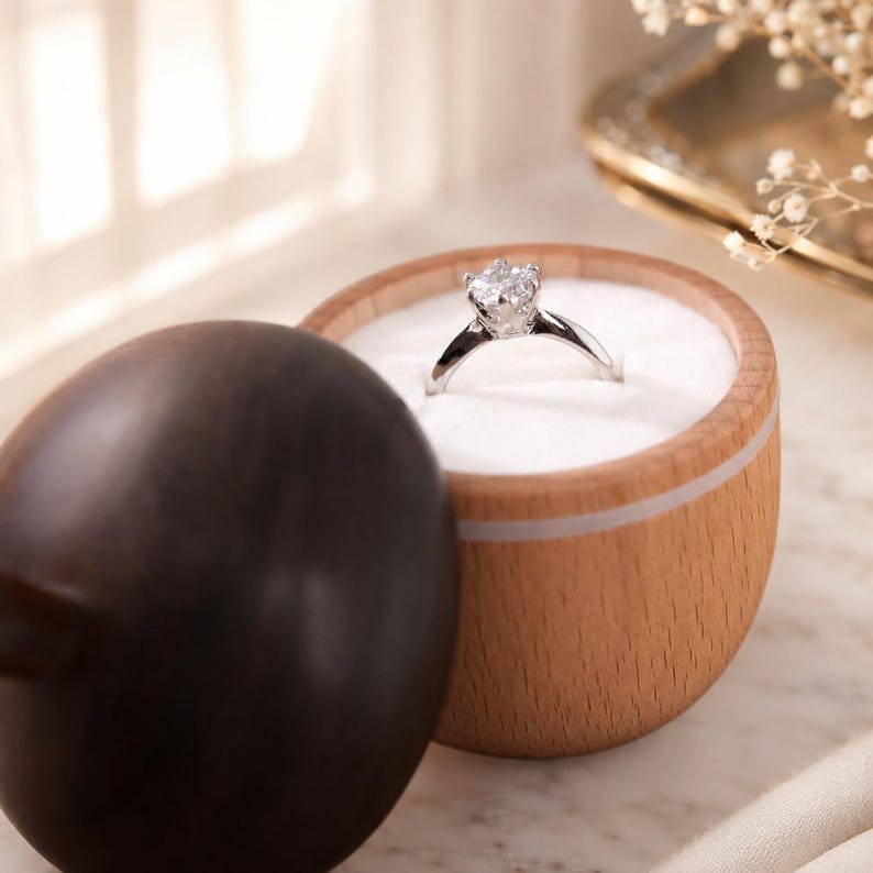 Solid Wood Acorn Engagement Ring Box, Dual Tone Wood Trinket Holder, Neutral Rustic Table Decor, Romantic Wedding Keepsake, Hostess Gift image 3