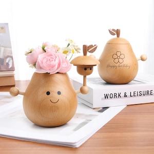 Birthday Custom Wooden Pear Shaped Vase Personalized Wooden Diffuser Artistic Flower Vase Unique Home Decor,Vintage Engraved Wood Vase