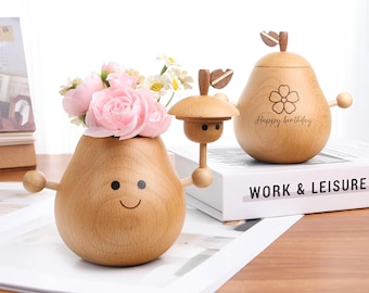 Birthday Custom Wooden Pear Shaped Vase Personalized Wooden Diffuser Artistic Flower Vase Unique Home Decor,Vintage Engraved Wood Vase