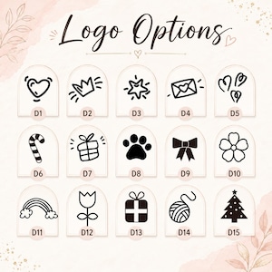 May include: A grid of fifteen black line-art icons labeled D1 through D15 under the heading Logo Options. The icons include a heart, crown, star, envelope, hearts, candy cane, gift, paw print, bow, flower, rainbow, tulip, gift, yarn, and tree.