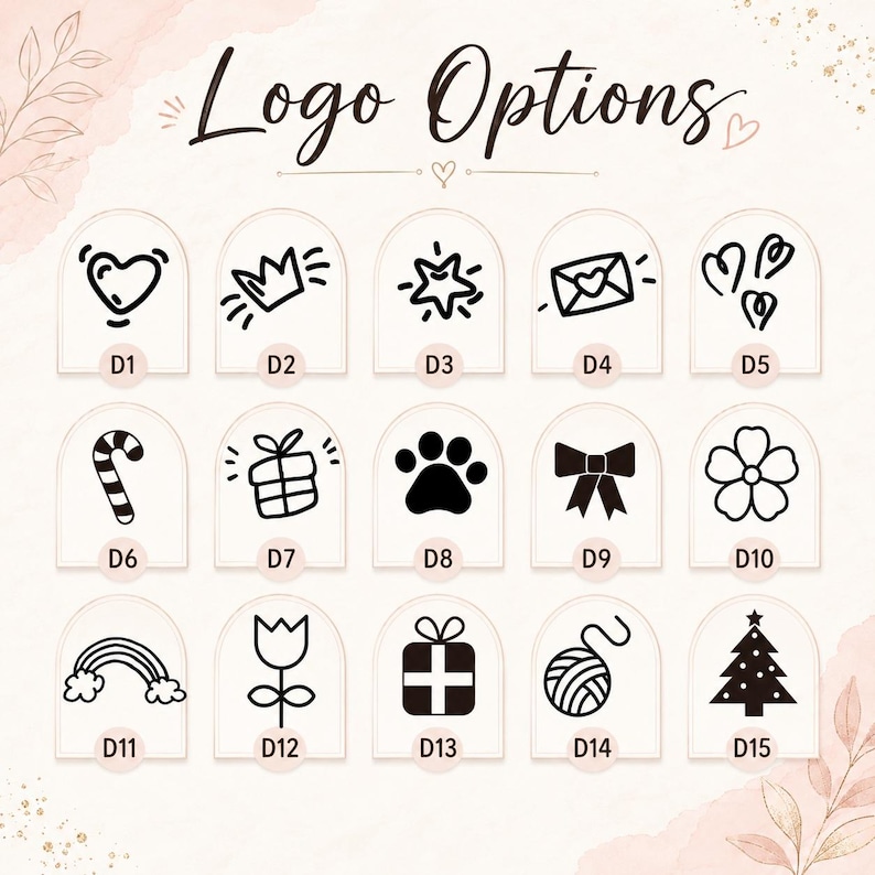 May include: A grid of fifteen black line-art icons labeled D1 through D15 under the heading Logo Options. The icons include a heart, crown, star, envelope, hearts, candy cane, gift, paw print, bow, flower, rainbow, tulip, gift, yarn, and tree.