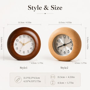 May include: Two round analog clocks labeled Style 1 and Style 2. Style 1 has a dark wood frame and white face. Style 2 has a light wood frame and silver face. Both measure 4.53 inches by 4.53 inches by 1.77 inches as indicated by text.